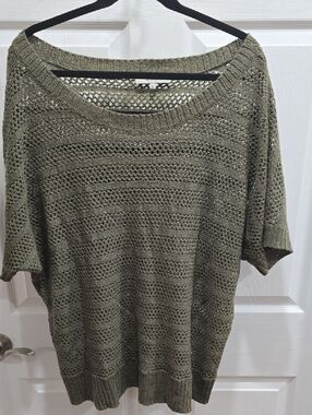 Open-Knit Scoop Neck Short Sleeve Sweater - Olive